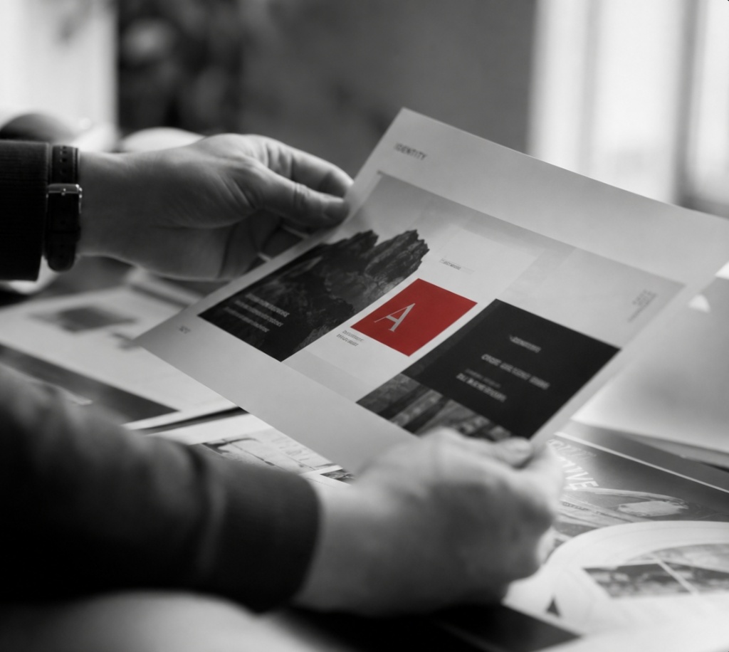 Reviewing a brand identity layout — hands holding a printed mockup
